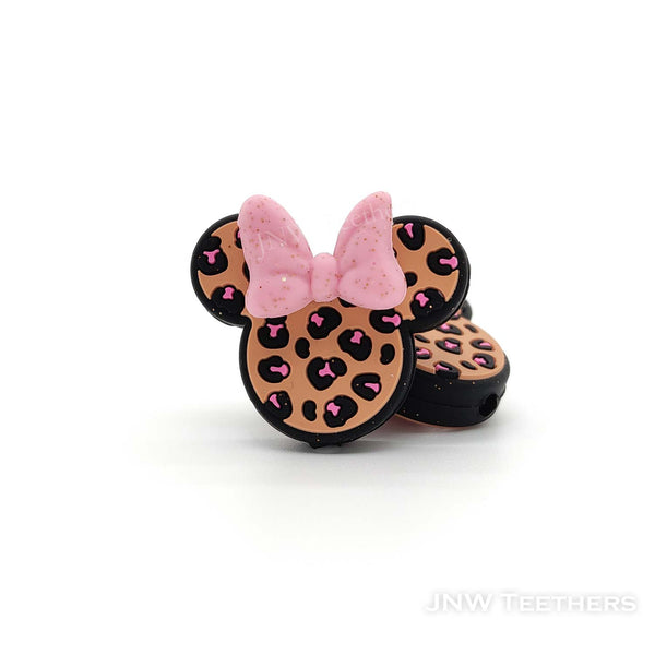 3D pink bowknot leopard pinted mouse head silicone focal beads