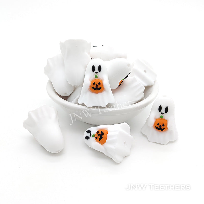 3D white ghost hoding pumpkin silicone focal beads