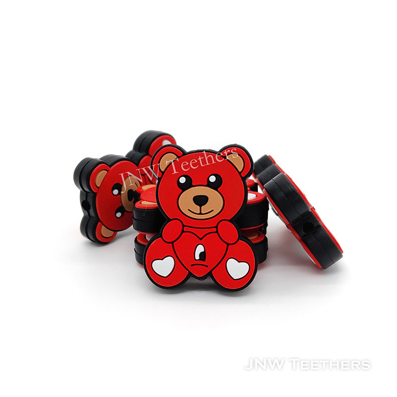 Red heart bear silicone focal beads red