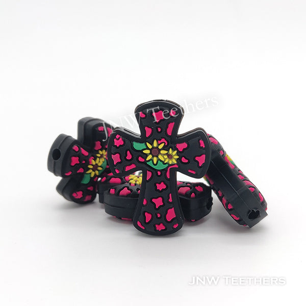 Daisy Dalmatian Cross Silicone Focal Beads Fuchsia