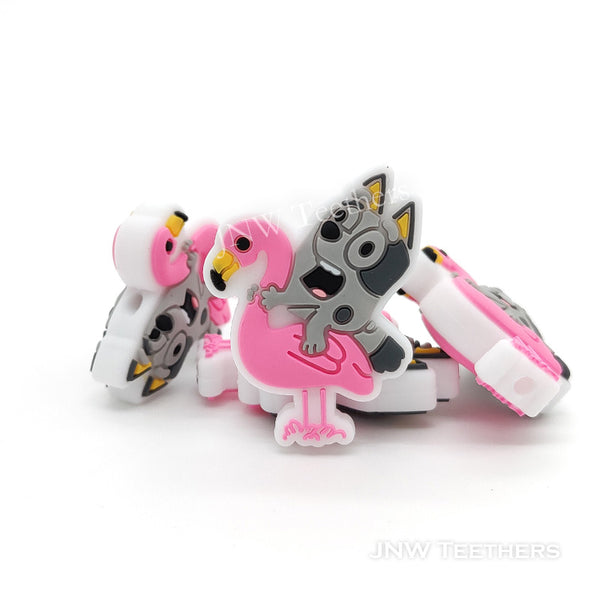 Puppy dog riding flamingo silicone focal beads