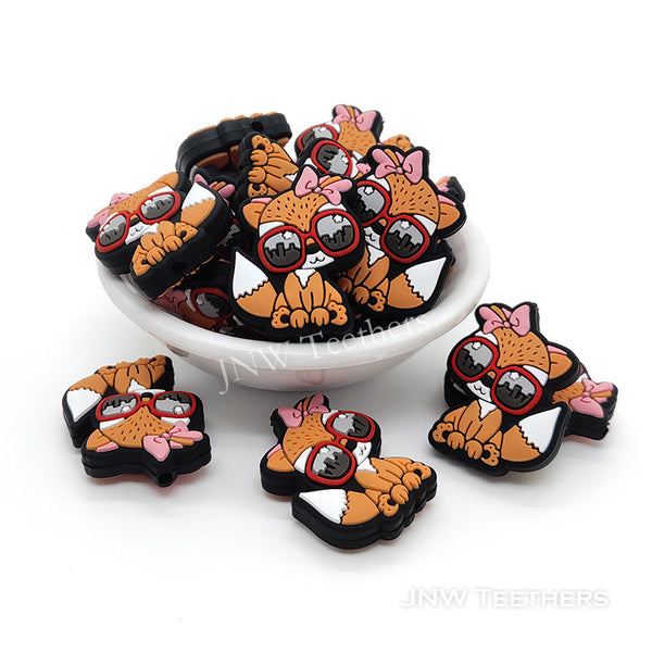 Fox with red glasses silicone focal beads