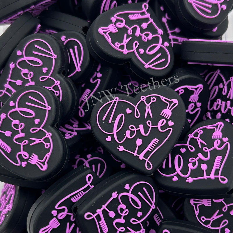 Purple Heart Shape with Love Hair Dresser Silicone Focal Beads