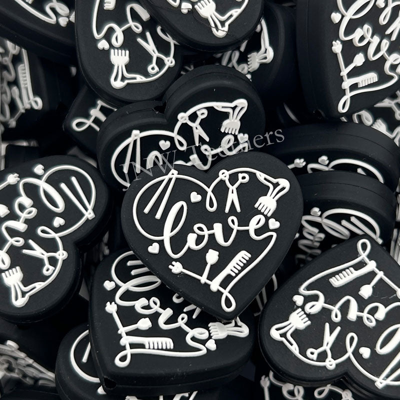 White Heart Shape with Love Hair Dresser Silicone Focal Beads