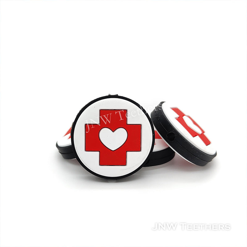 JNWTeethers Medical Red Cross White Heart Round Silicone Focal Bead
