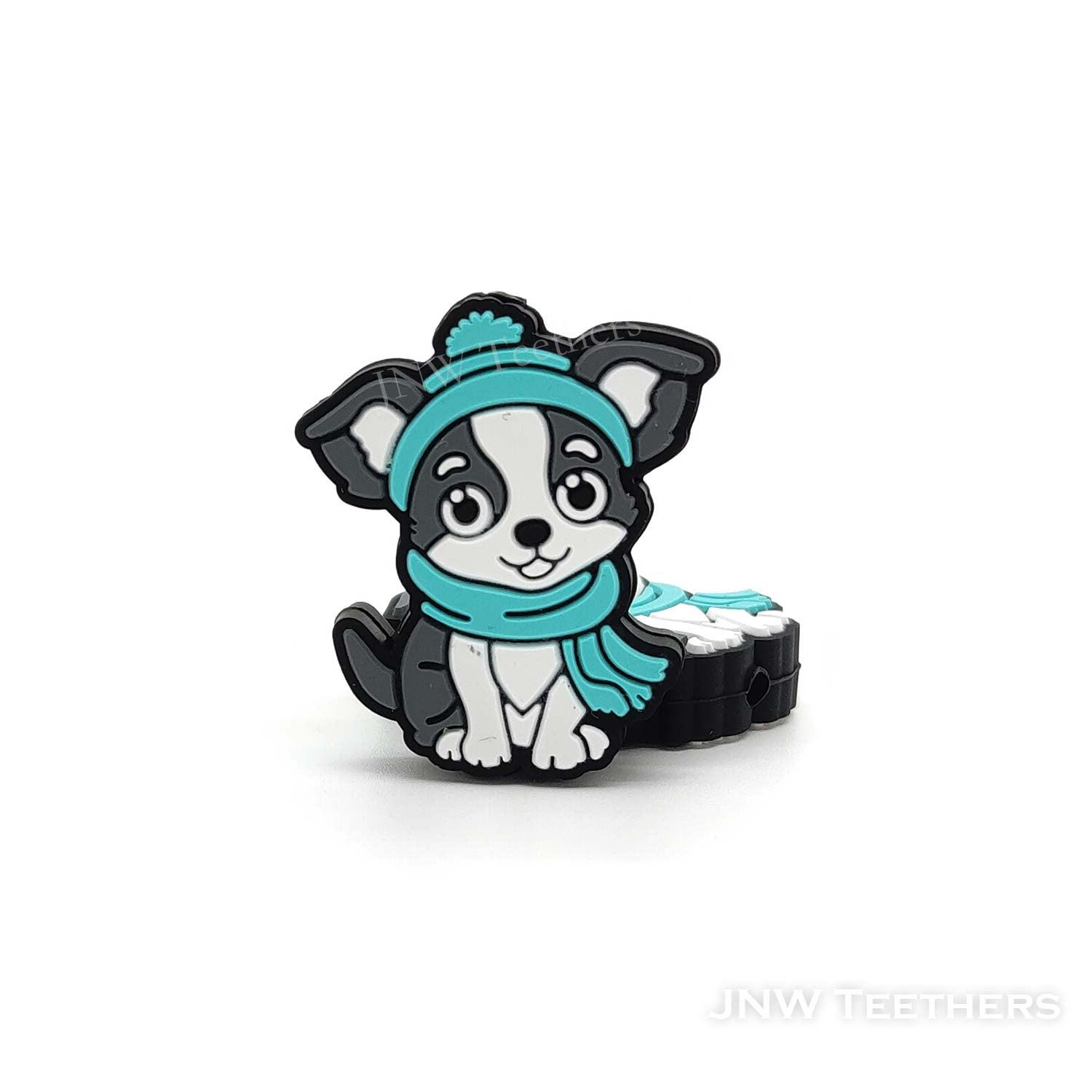 Gray dog in turquoise scarf silicone focal beads