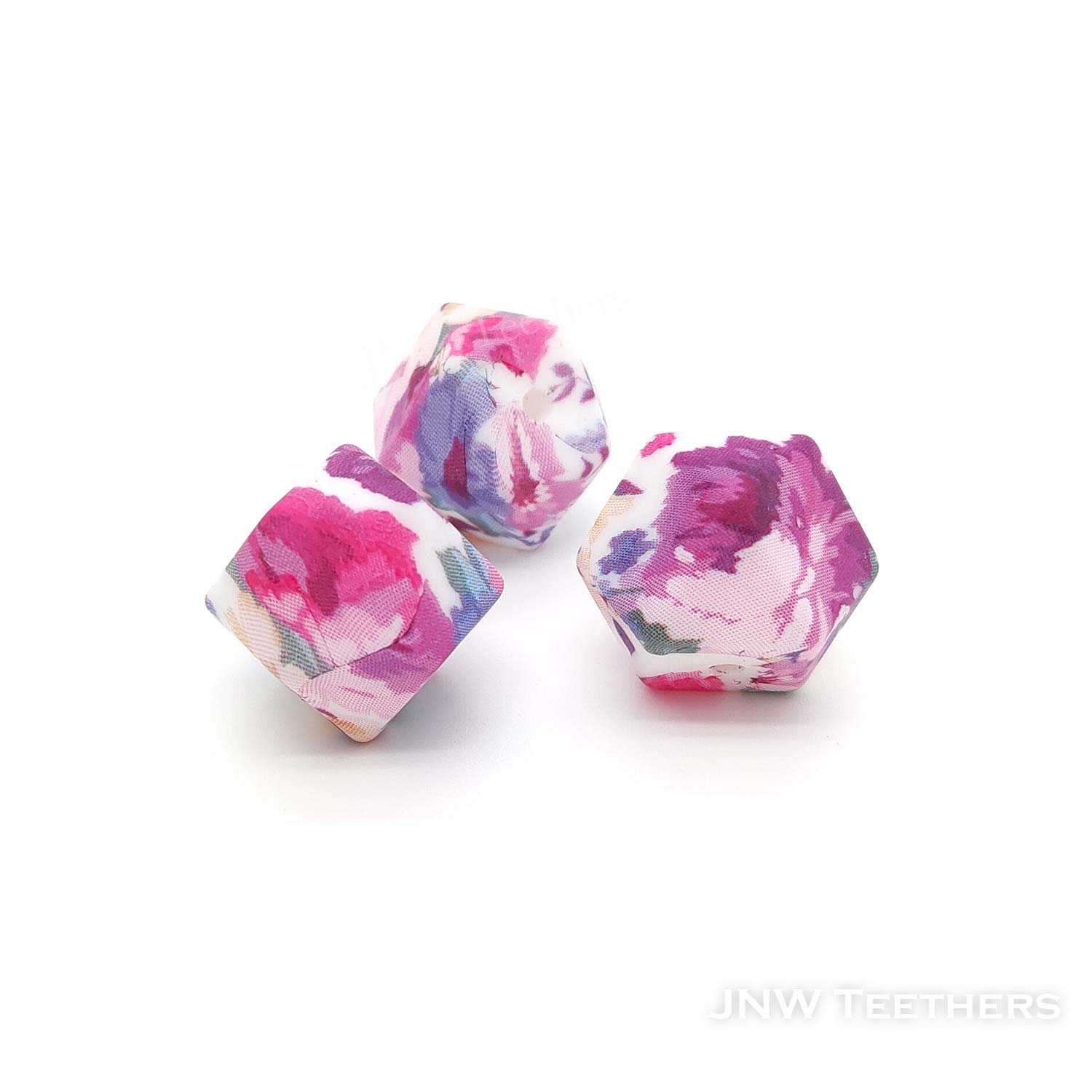 14mm Mauve floral printed silicone hexagon beads