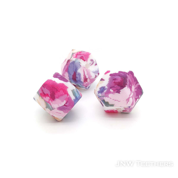 14mm Mauve floral printed silicone hexagon beads