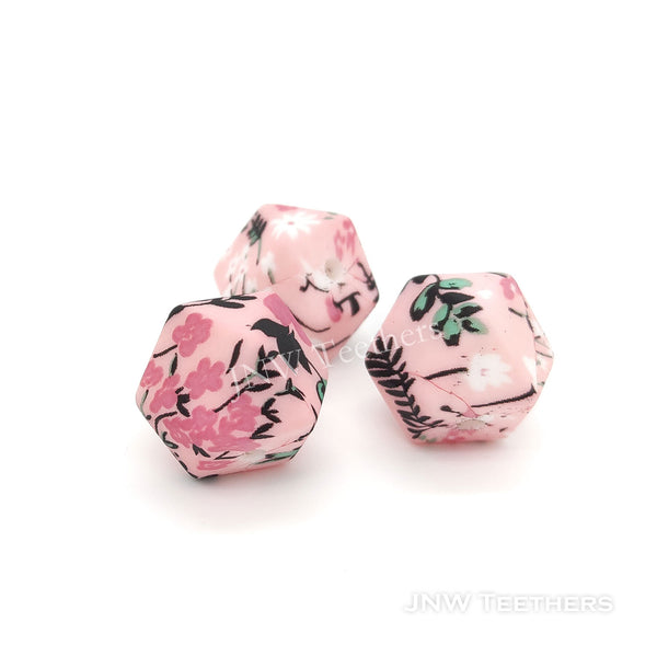 Pink flowers printed silicone hexagon beads