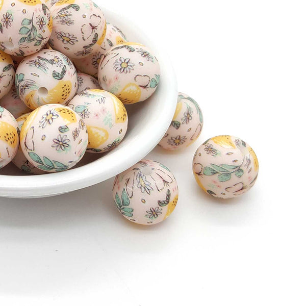 15mm Lemon and Floral Print silicone round beads