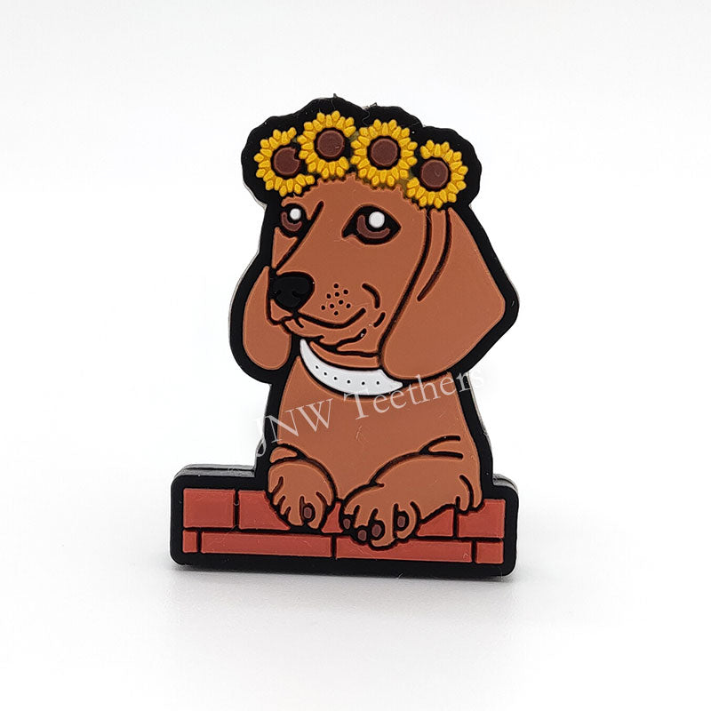Brown dachshund wearing a sunflower crown restin on a brick wall Silicone focal beads