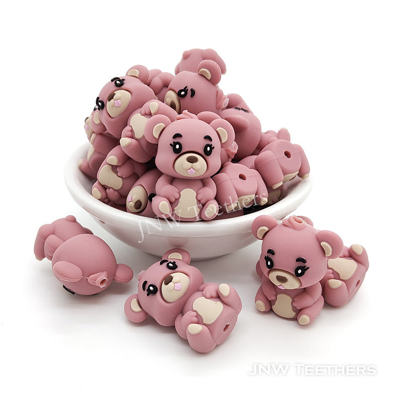 3D bear silicone focal beads dusty rose