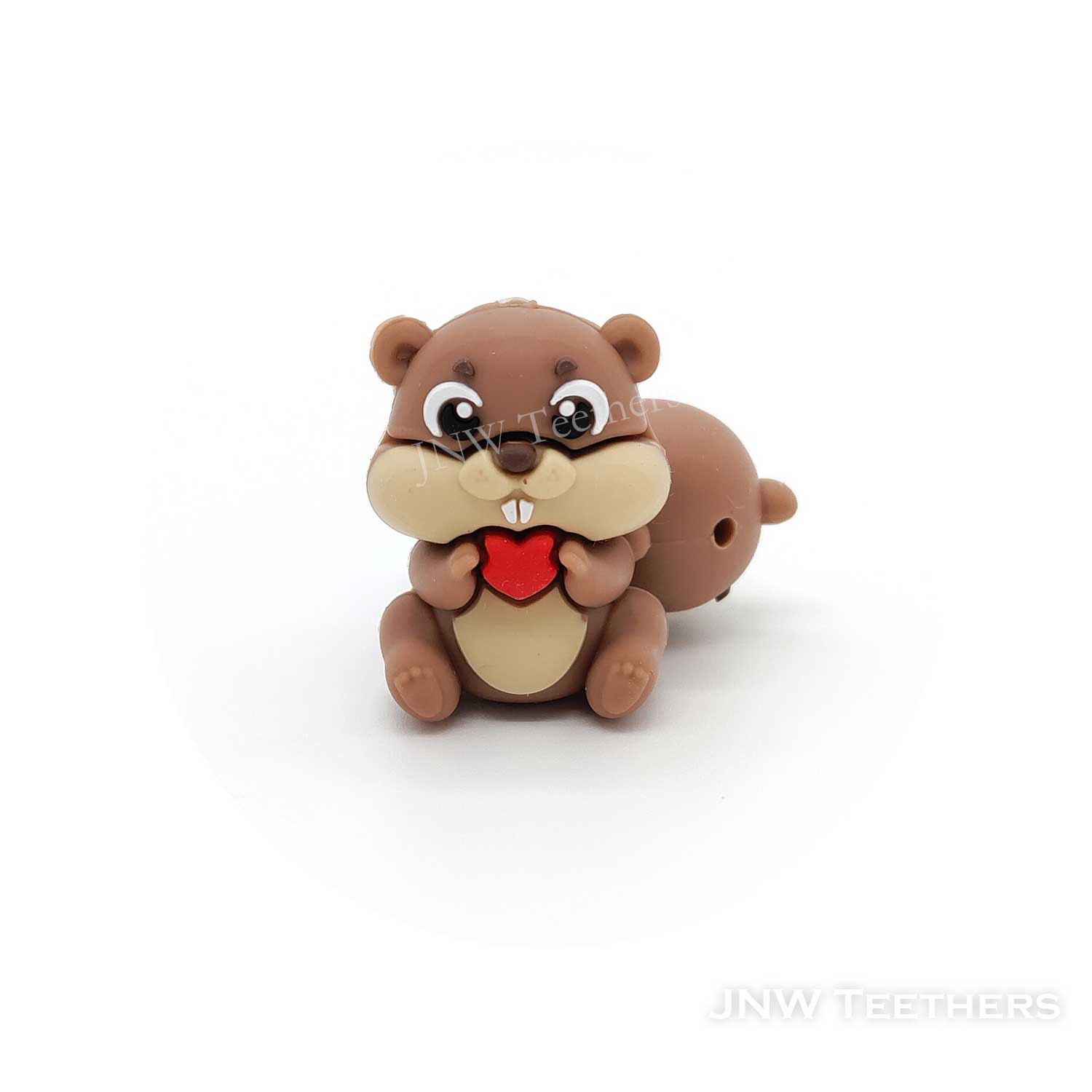 3D beaver with red heart silicone focal beads brown

