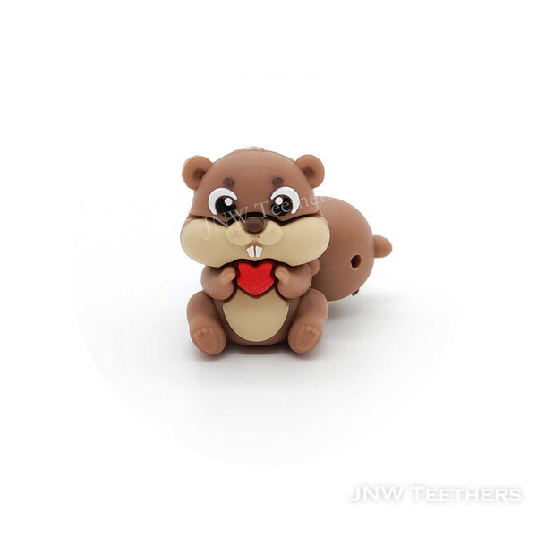 3D beaver with red heart silicone focal beads brown