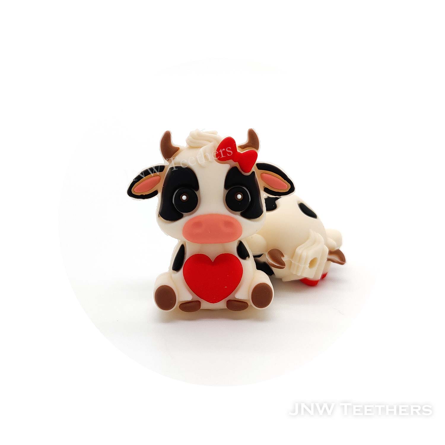 3D Cow holding red heart silicone focal beads