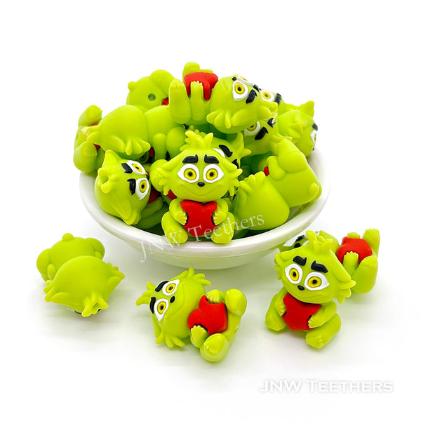 3D Grinc red heart silicone focal beads chartreuse