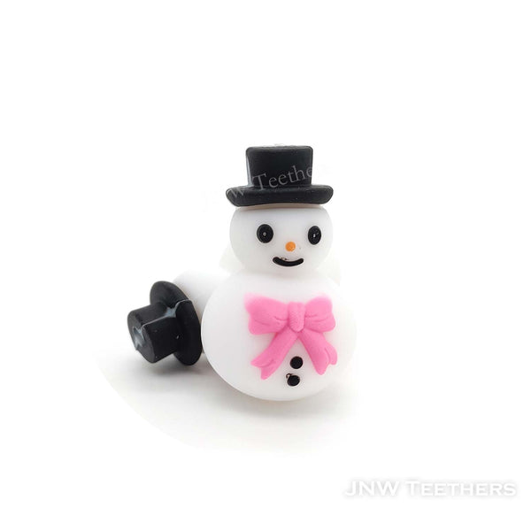 3D Pink Bowknot Snowman in Black Hat Silicone Focal Beads