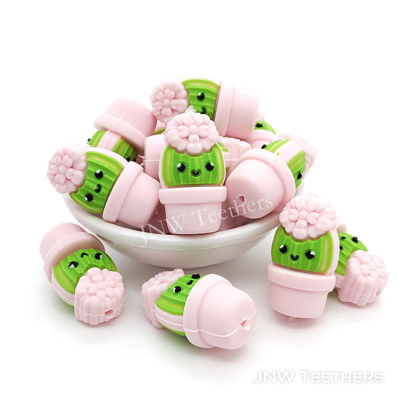 3D pink cactus potted plant silicone focal beads