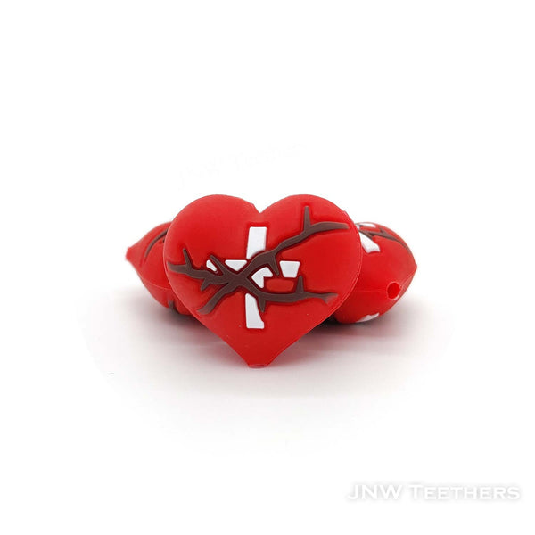 3D red heart with white cross silicone focal beads