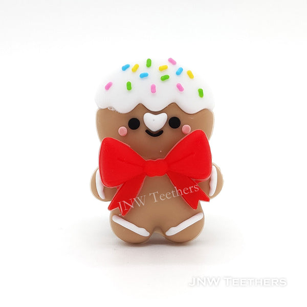 3D bow gingerbread man silicone focal beads red