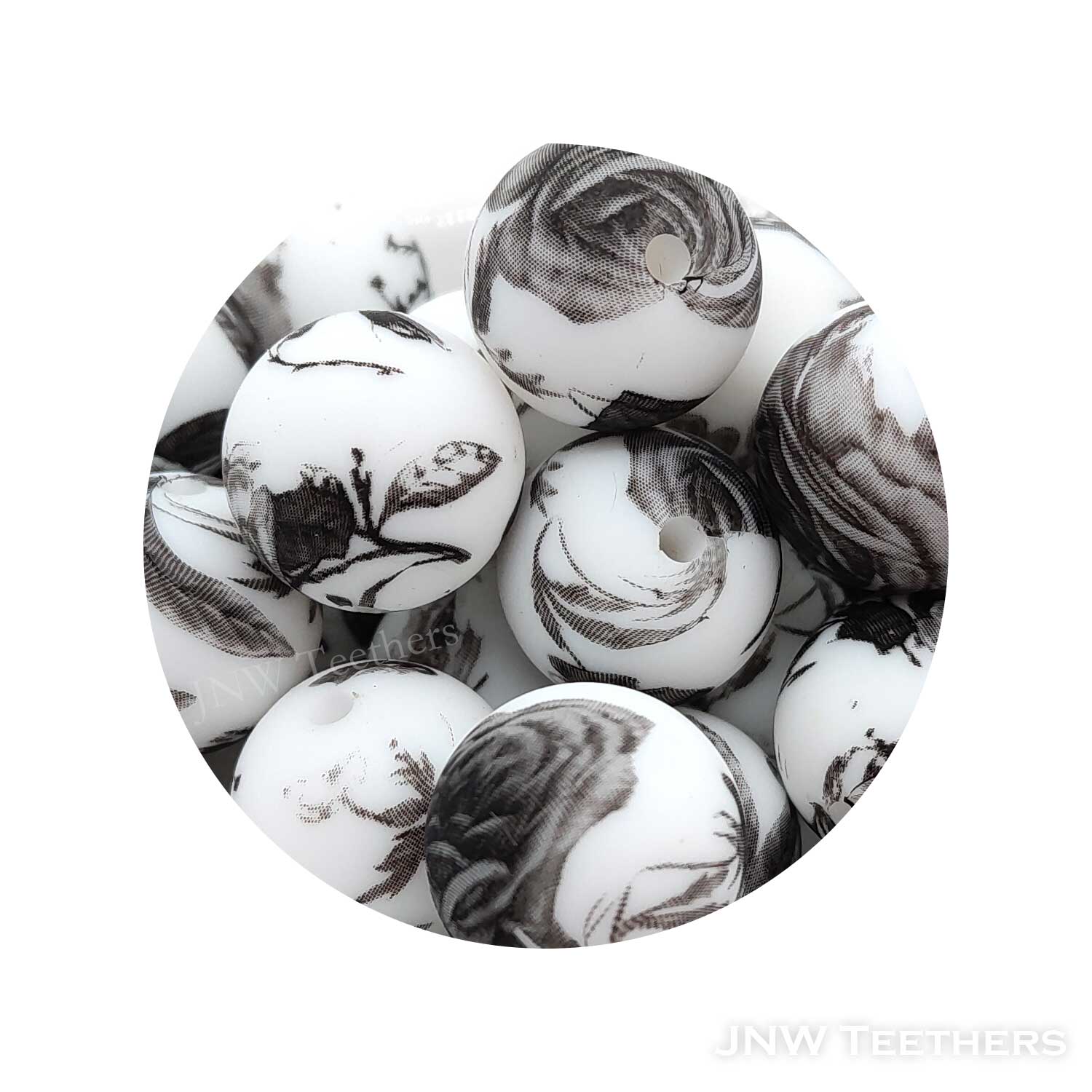 74 White Floral Printed silicone round beads