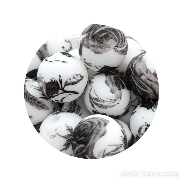 74 White Floral Printed silicone round beads
