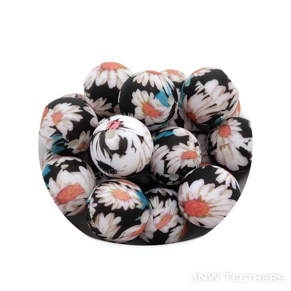 81 White Daisy Printed silicone round beads