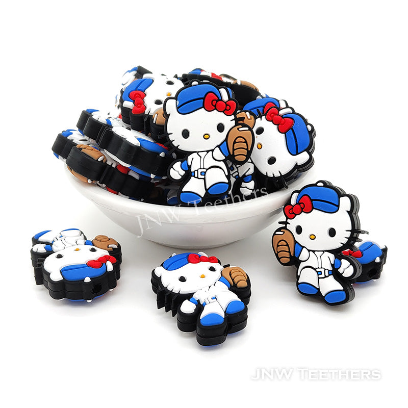 Baseball player Kitty silicone focal beads blue