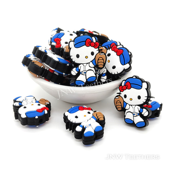 Baseball player Kitty silicone focal beads blue