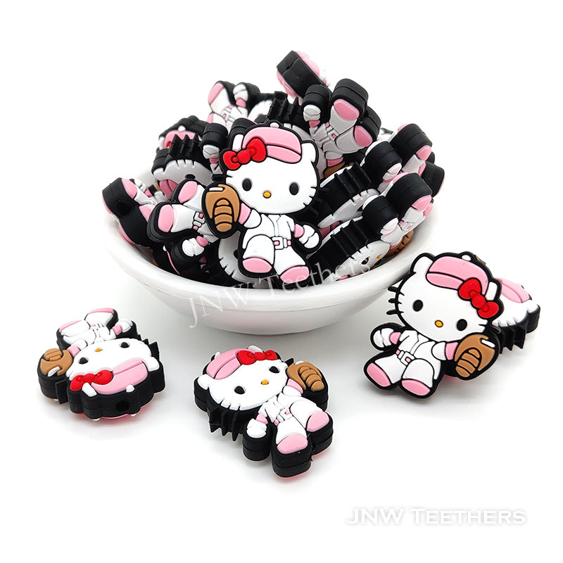 Baseball player Kitty silicone focal beads pink