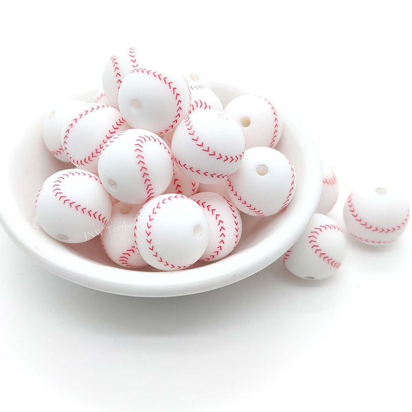 15mm Baseball Silicone Round Bead White