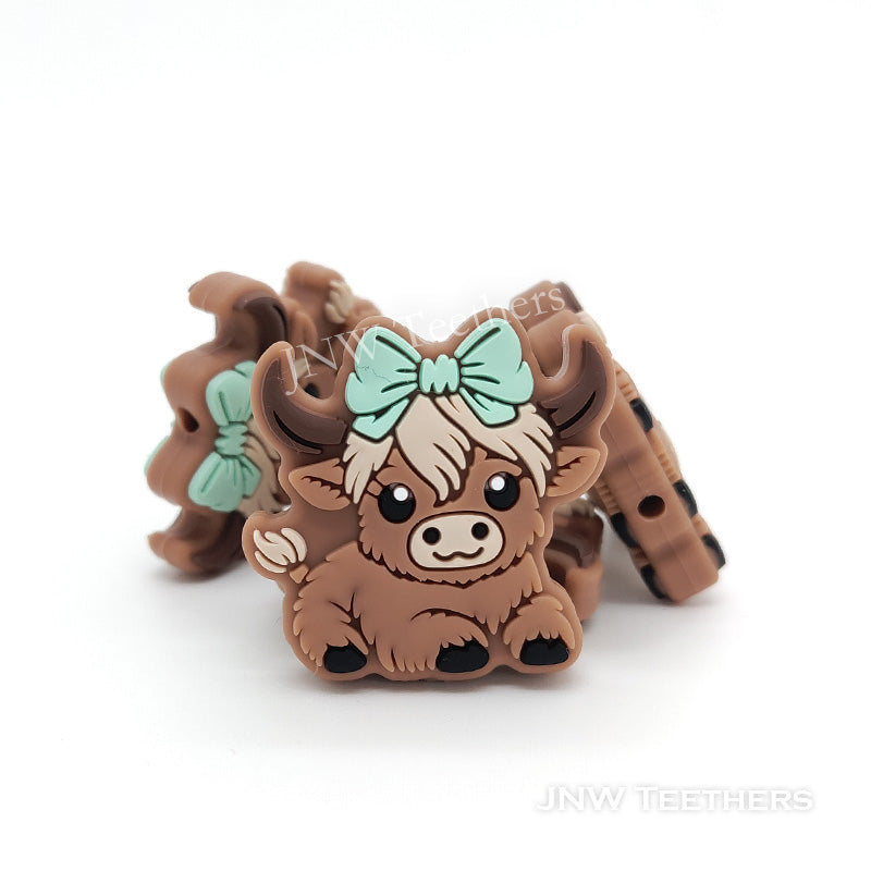 Bowknot highland cow girl silicone focal beads mint