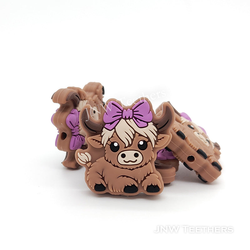 Bowknot highland cow girl silicone focal beads purple