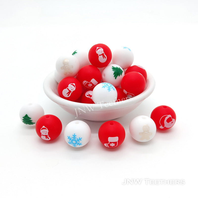 Christmas theme printed silicone round beads