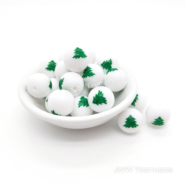 Christmas Tree Printed Silicone Round Beads