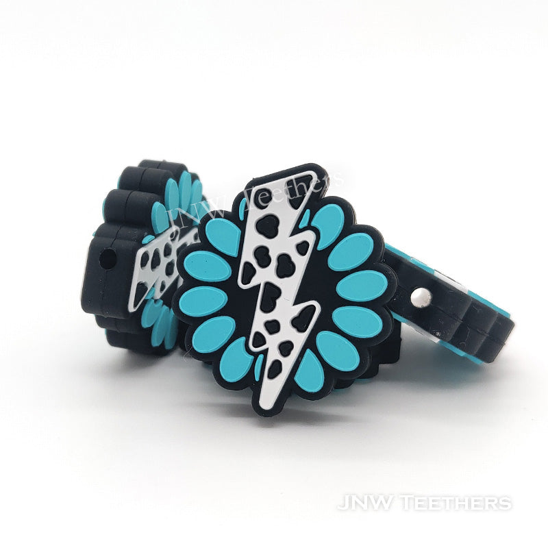 Cow printed flash concho silicone focal beads blue