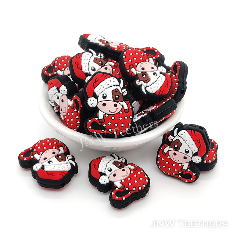 Cow Wearing Christmas Hat in Red Cup Silicone Focal Bead