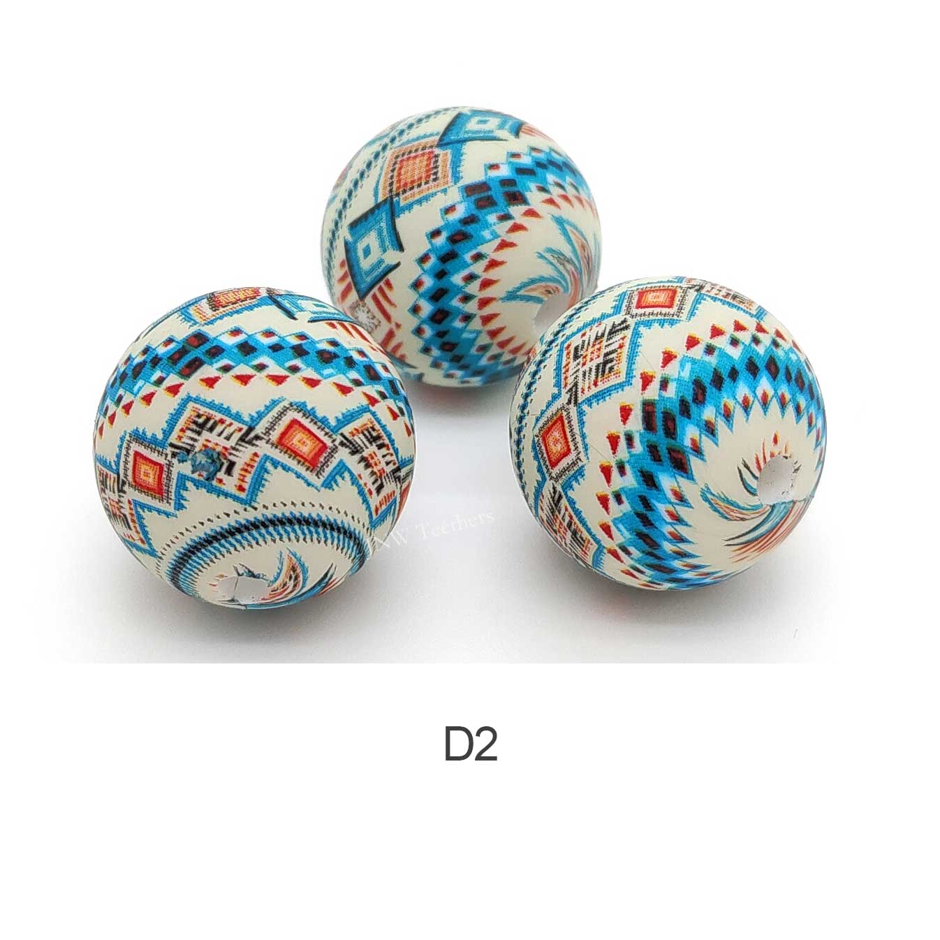 15mm Western Print Silicone Beads, Blue Aztec Diamond Round Bead, Beadable pen beads
