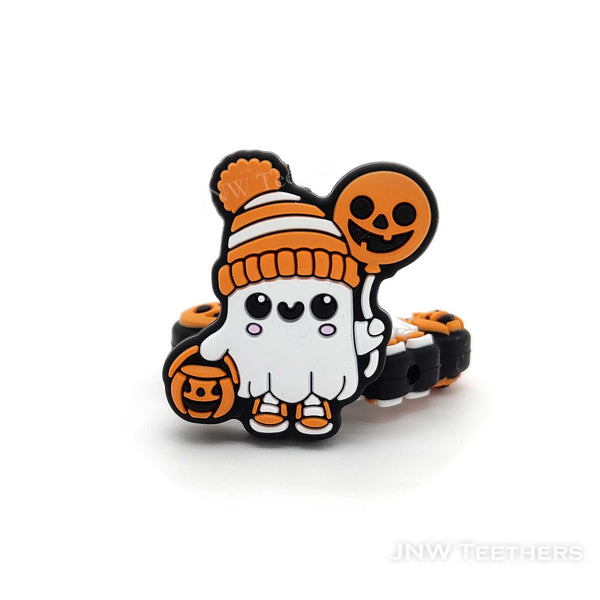 The ghost holding spooky balloon in wool hat silicone focal beads