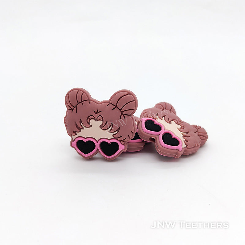 Little Girl with Heart Shape Sunglasses Silicone Focal Beads dusty rose