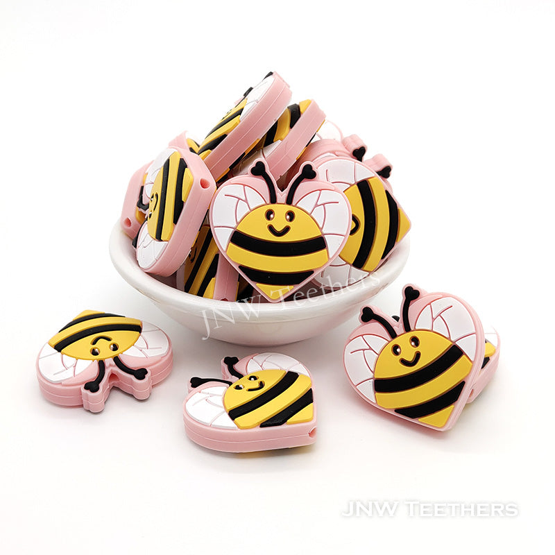 Heart shape pink bee silicone focal beads