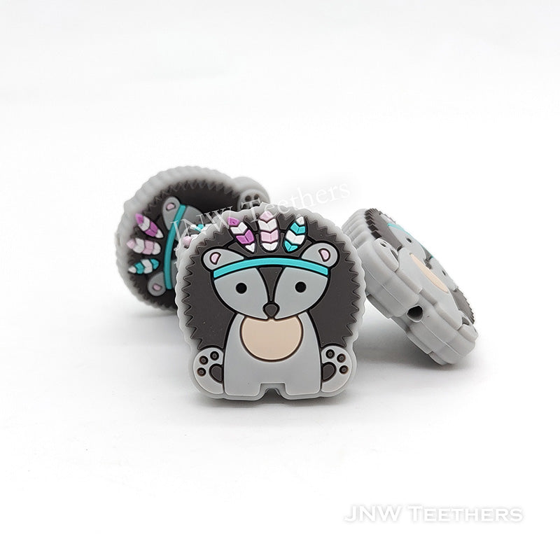 Gray     Hedgehog in Indian Headdress Silicone Focal Beads
