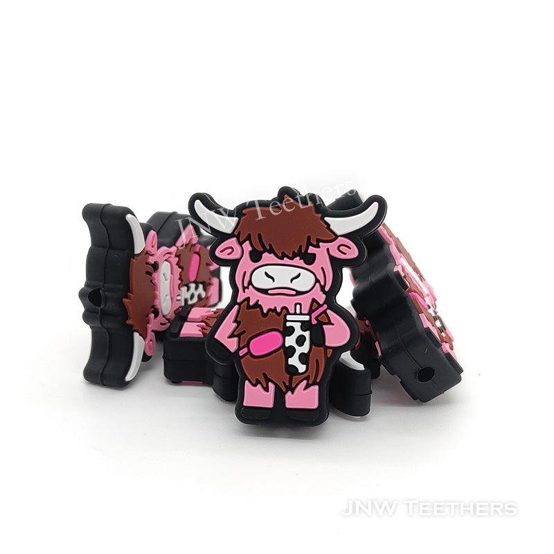 Highland cow silicone focal beads pink