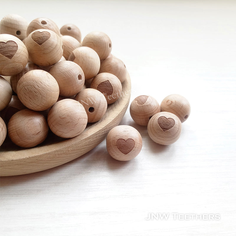 18mm Heart Engraved Beech Wood Round Beads