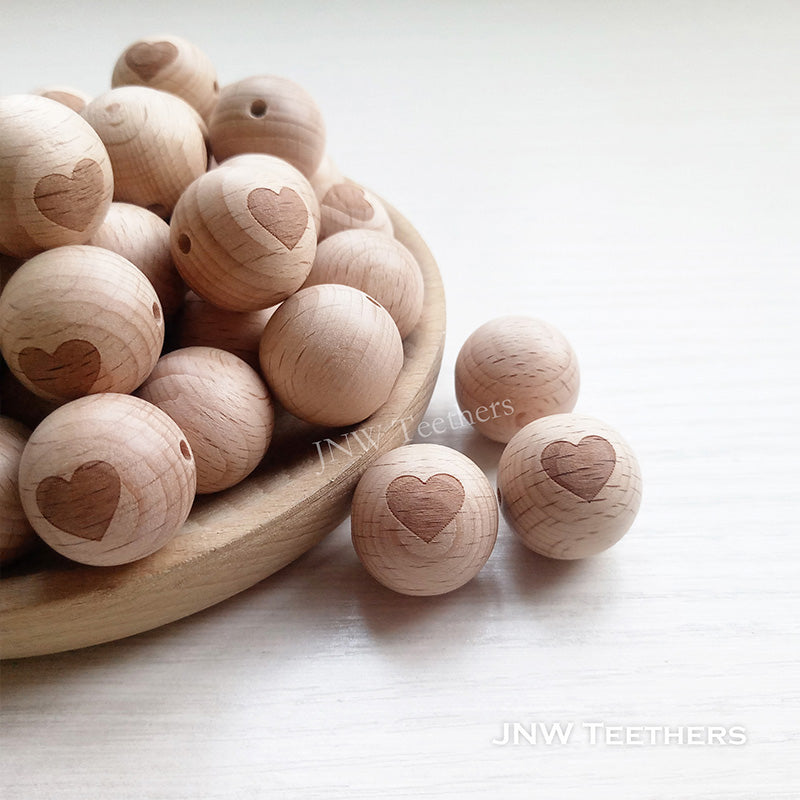 20mm Heart Engraved Beech Wood Round Beads