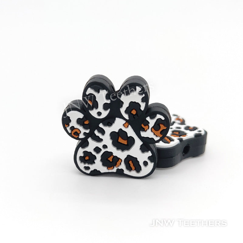 Perline focali in silicone con zampa di cane stampata leopardo bianche