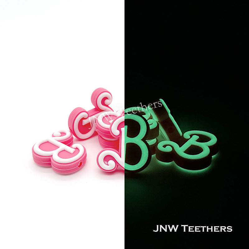 Pink Letter B Silicone Focal Beads, Glow in the Dark Bark Silicone Beads