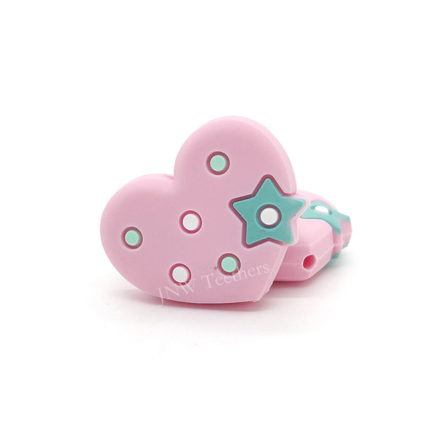 Heart with little star silicone focal beads pink