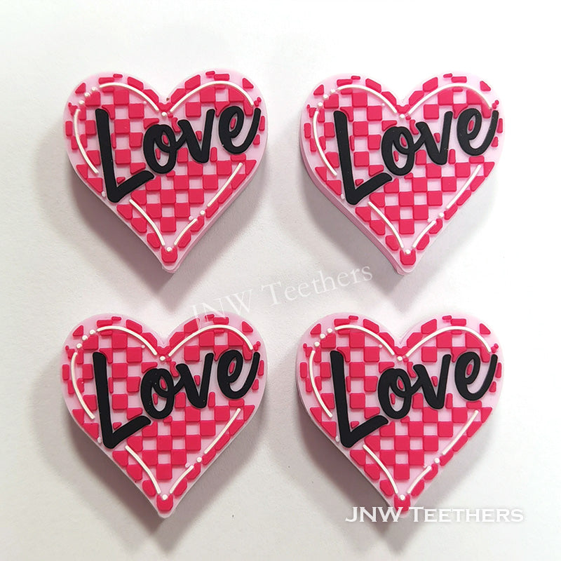 Love pink plaid heart silicone focal beads