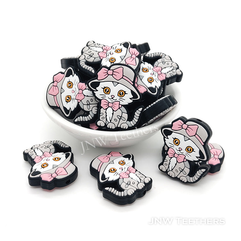 Miss kitten in hat silicone focal beads